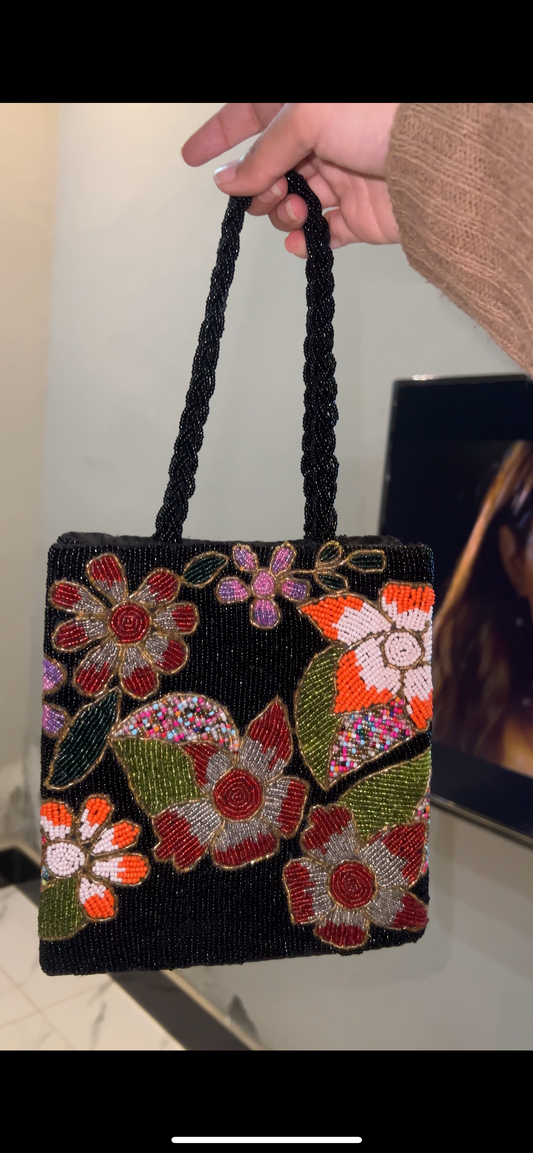 Black multi stone flower handbag
