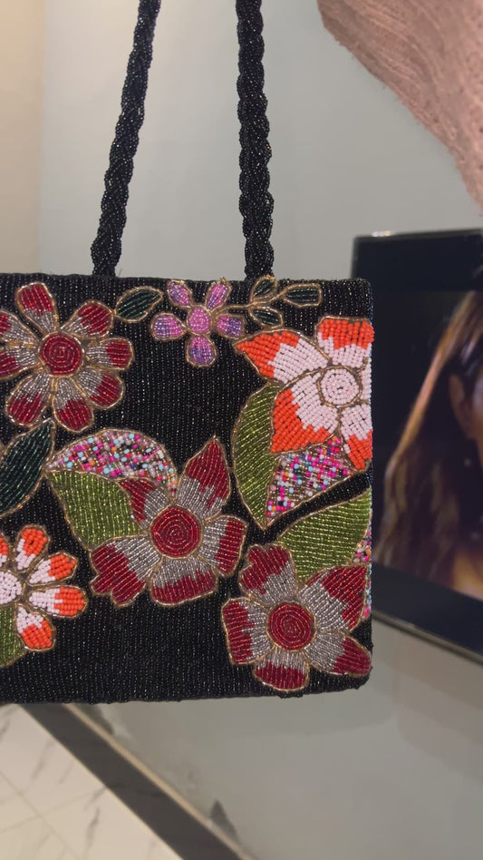 Black multi stone flower handbag